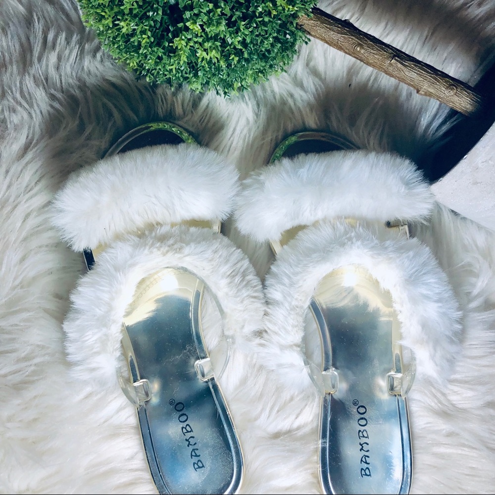 White Fuzzy Faux Fur Two Strap Slides Slippers - image 4